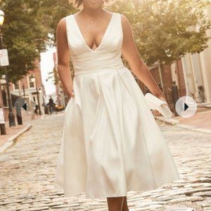 David’s Bridal White Tea Length V-Neck White Dress